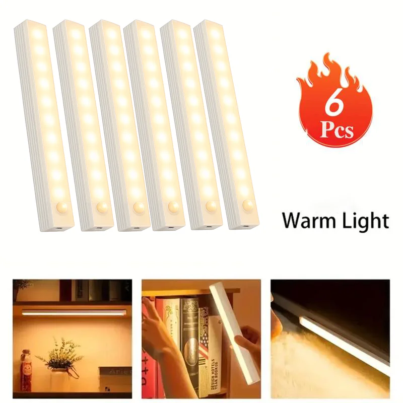 6-delige draadloze oplaadbare LED-kastlamp met bewegingssensor - Ideaal voor kast, keuken, kledingkast, trap - Nacht op batterijen