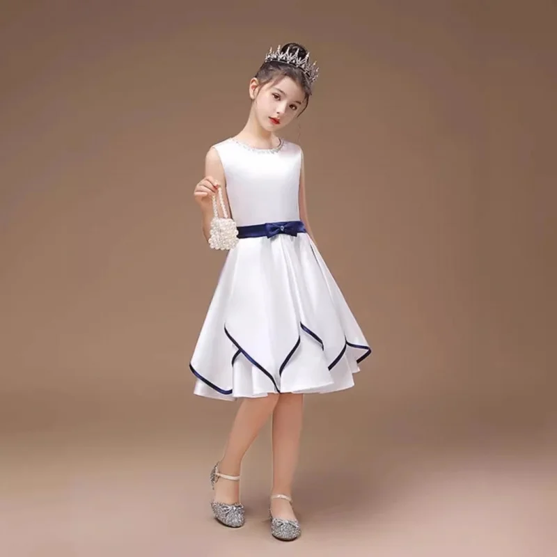 Girls' White Blue Edge Design Short Princess Dress Children's Simple Catwalk Piano Performance Costume
