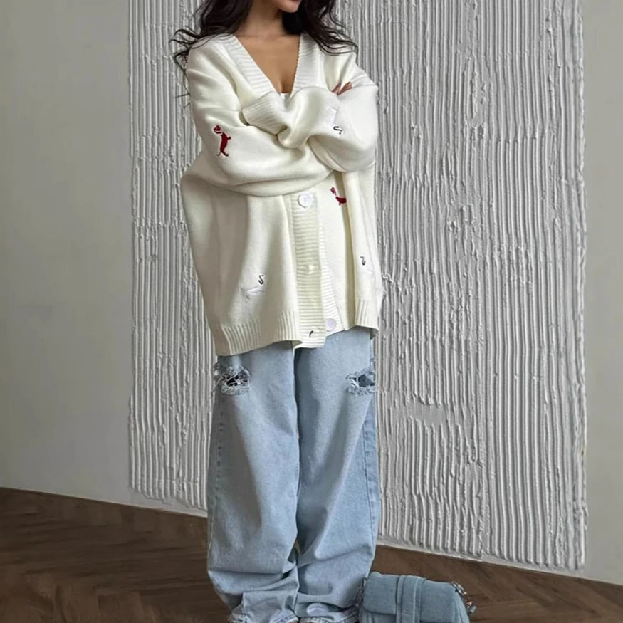 

Dachshund Embroidered Sweater Cardigan Loose V-neck Long-sleeved Jacket Fashionable New Women's Clothing