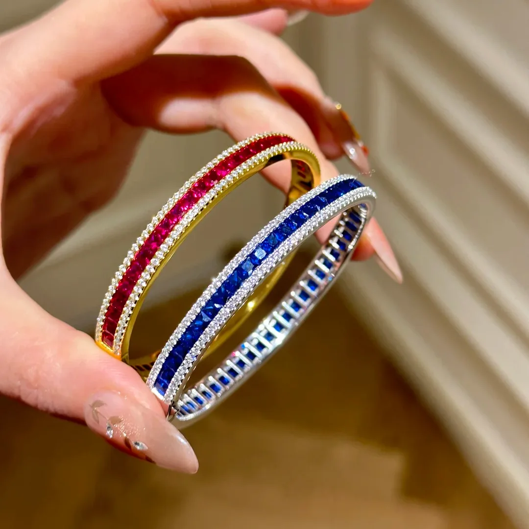 

Handmade Lady Lab Sapphire Ruby Diamond Bangle Bracelet 14K Gold Engagement Wedding Bracelets for Women Promise Party Jewelry