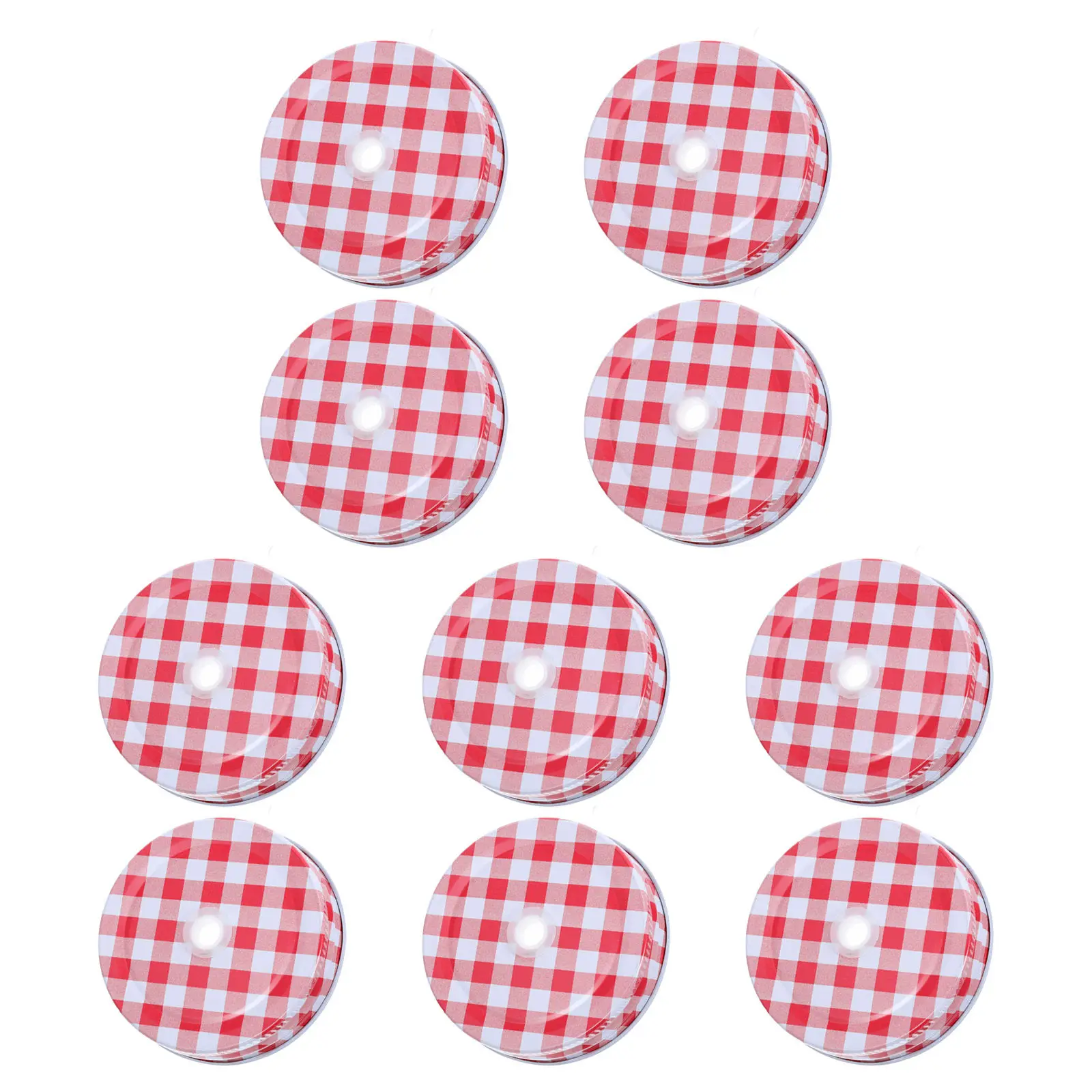 10Pcs Red Gingham Mason Jar Lids Regular Mouth Straw Hole Decorative Tinplate Covers 70Mm Canning Jar Lids for Juices