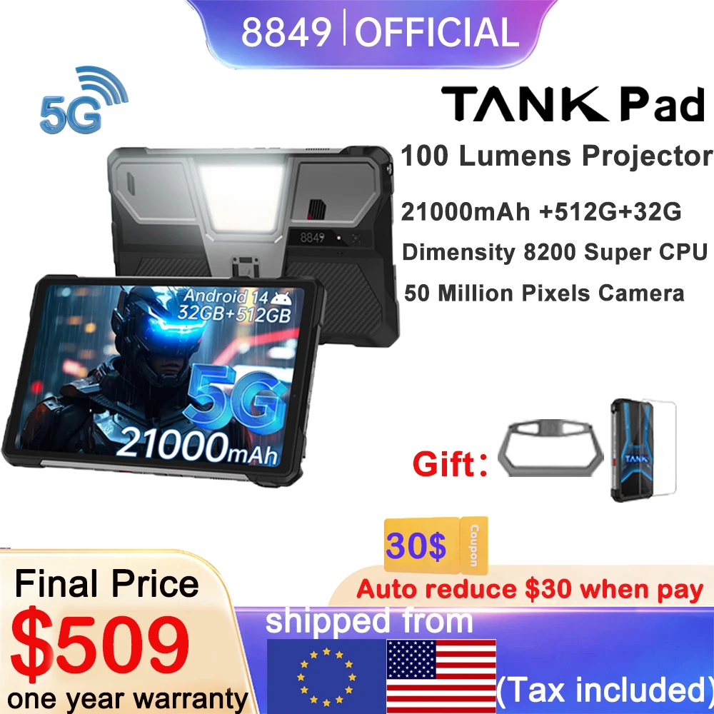 8849 TANK PAD Unihertz Rugged Tablet Projector 10.95 inch 120Hz 32GB 512GB 21000mAh 32MP+50MP 66W Phone Tablet