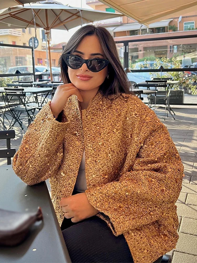 

Fashion Gold Sequins Bomber Jacket For Women 2025 Chic Stand Collar Long Sleeve Coat Female Winter Autumn Lady Street Outerwear