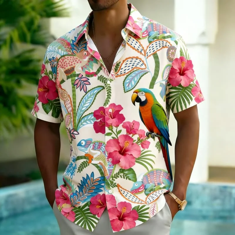 

Men's Vibrant Vacation Jungle Parrot Print Shirt, Bold Exotic Style for Summer Parties, Beach Events, Vacation & Daily Looks
