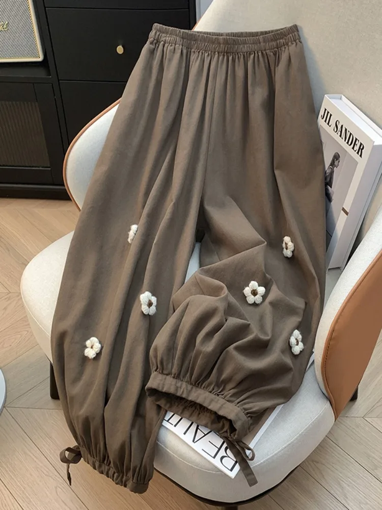 Harajuku Style Cotton Lantern Pants Women's Loose High Waist Cover Hip Belted Nine Points Cuffed Harem Pants Floral Decorations