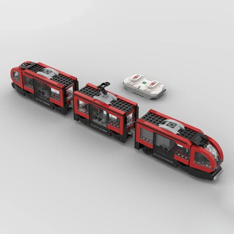 Moc-Bausteine, Innenstadt, Straßenbahn, motorisiert mit angetriebenem UpTechnology-Ziegel, DIY-Montage, Konstruktionsspielzeug, Weihnachtsgeschenke
