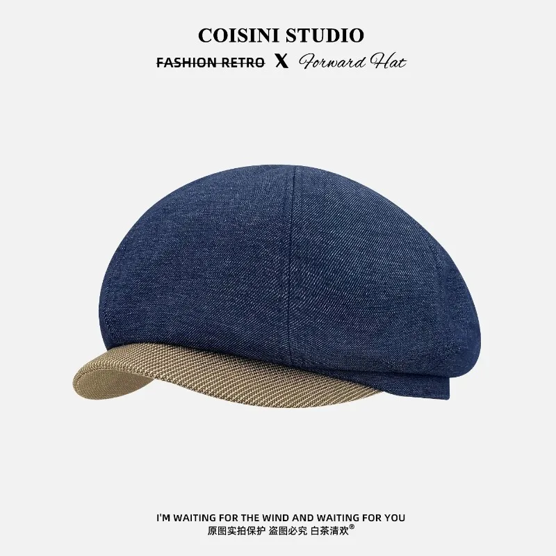 Retro Plaid Brim Splicing Denim Berets for Women Summer Autumn Travel Sun Protection Versatile Literaty Forward Hats for Men