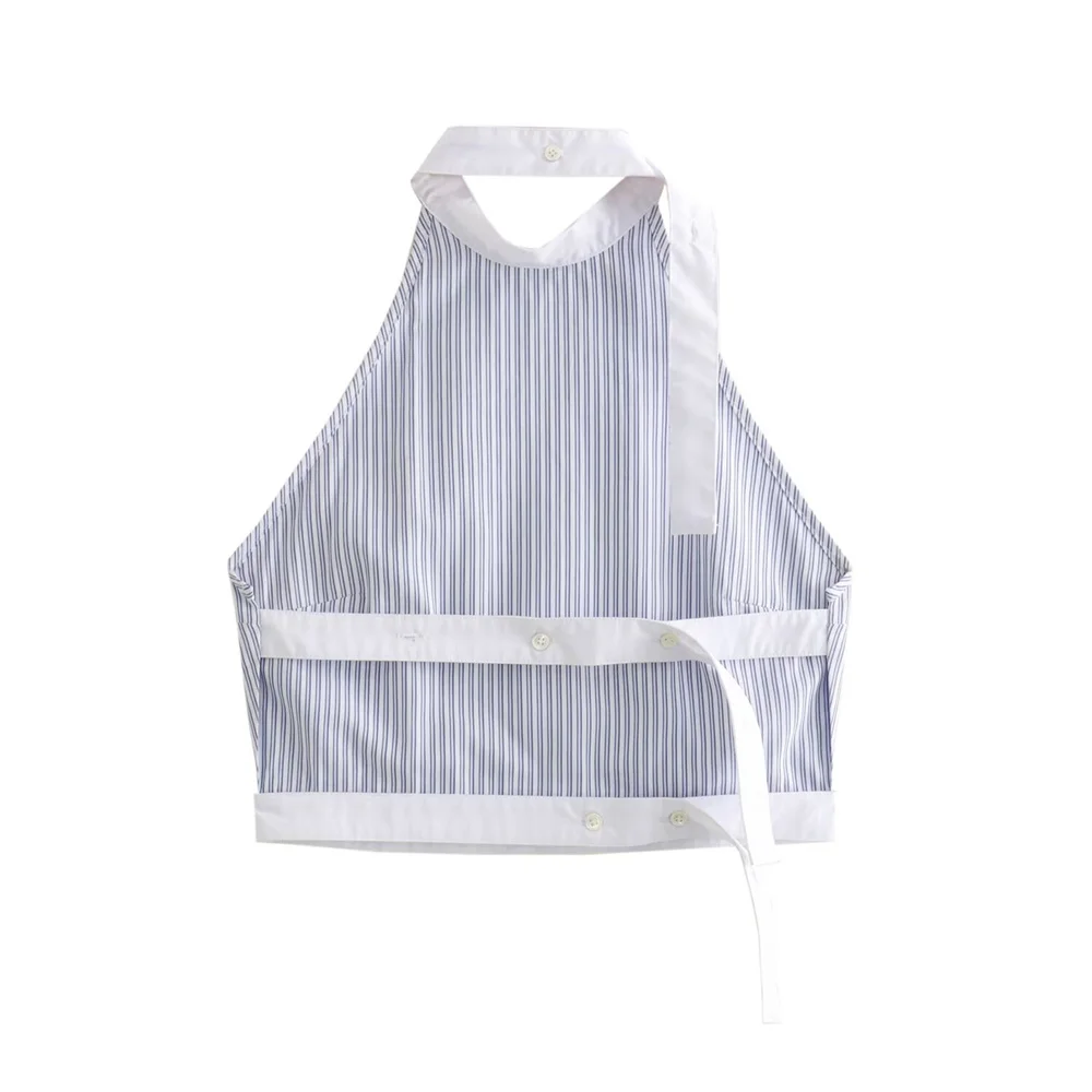 UNIZER2024 Spring New Product Women\'s Fashion, Elegance, Design Sense, Versatile Striped Poplin Hanging Neck Top