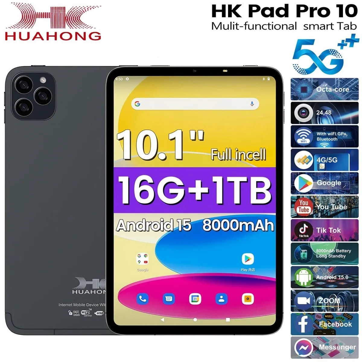 

HK Pad Pro10 Планшеты Сеть 5G Bluetooth Android 15 AI Драйвер WIFI Двойной режим 16 ГБ + 1 ТБ Флэш-память Сплит-экран Спутниковое позиционирование