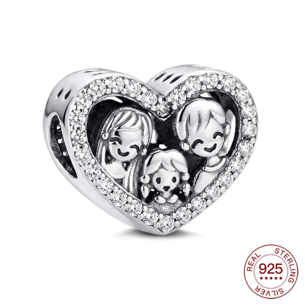 New 925 Sterling Silver A family of Three Love Bead Original Charm For Women DIY Bracelet Making Sweet Gift For Her Collection