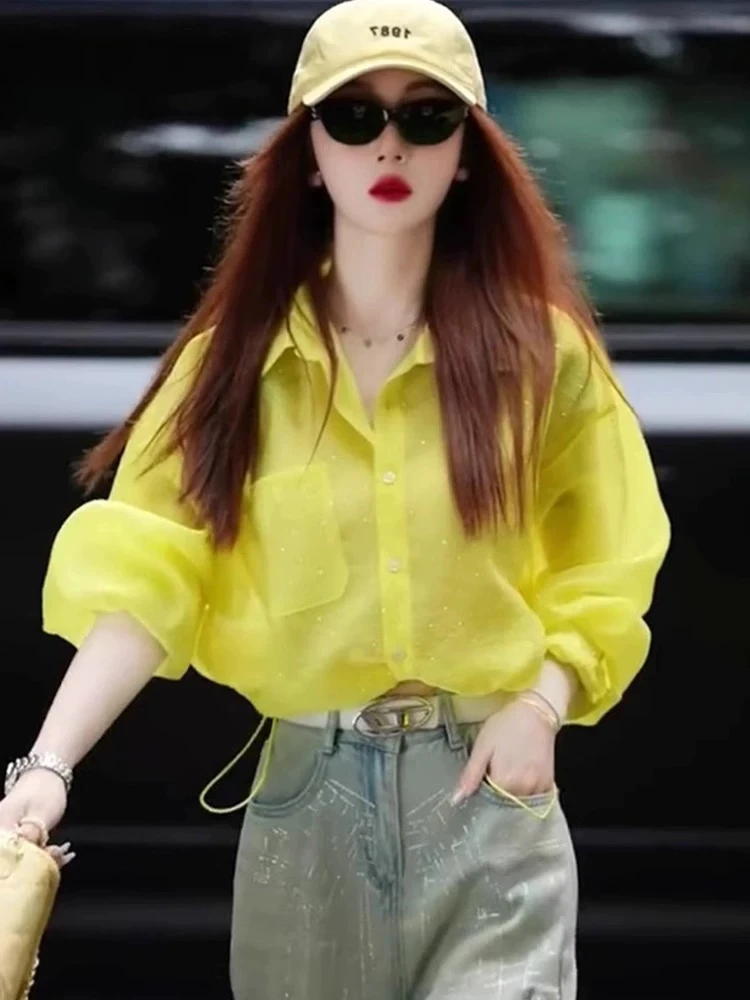Faionable Yellow Lightweight Loose Sun Protection irt Breathable Thin  Collar Single Button Commute Sle Women's irt