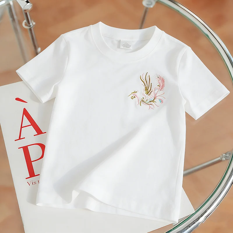 Women's Unisex Short Sleeve T-Shirt 100% Cotton Embroidered Phoenix White Loose Fit Student Unisex