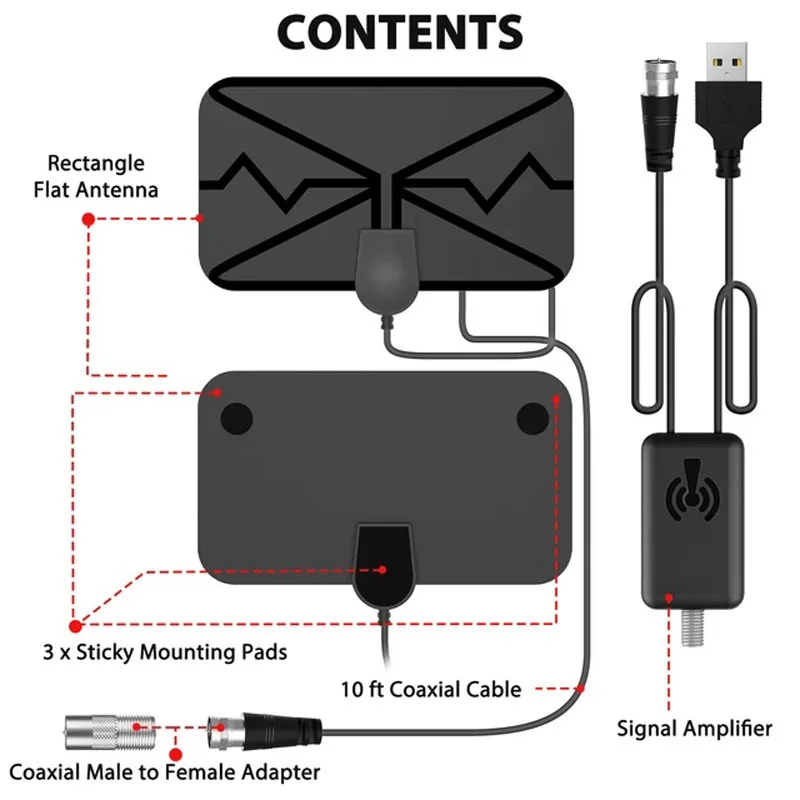 4K digital antenna for TV. Indoor terrestrial wave with amplifier signal. DVB-T2 high-definition smart TV antenna.