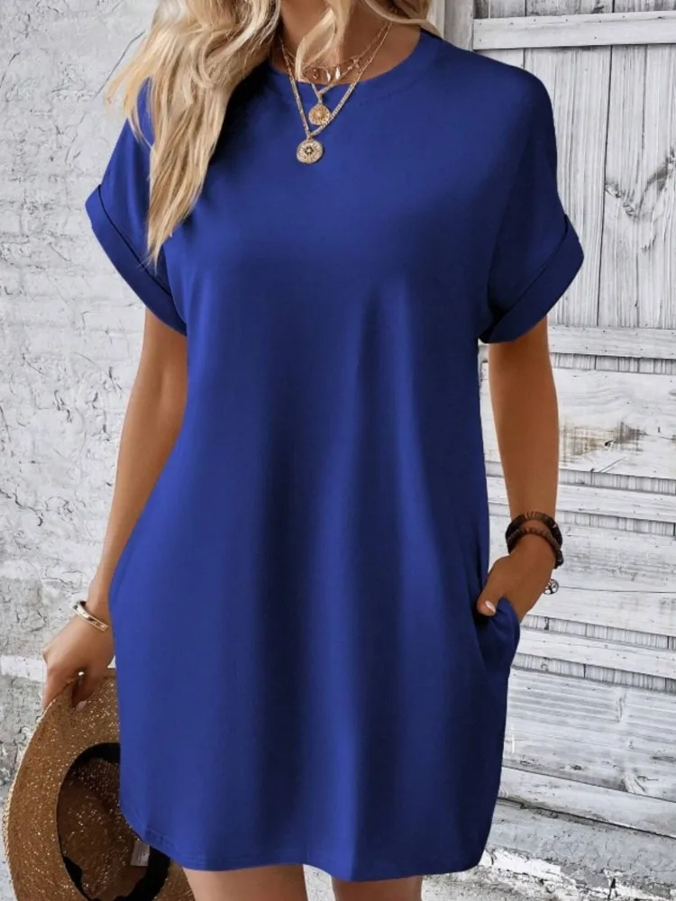 Summer New Fashion Boho Resort Style Pure Colors Beach Dresses For Women O Neck CasualLoose Short Sleeve Pocket Mini Dress