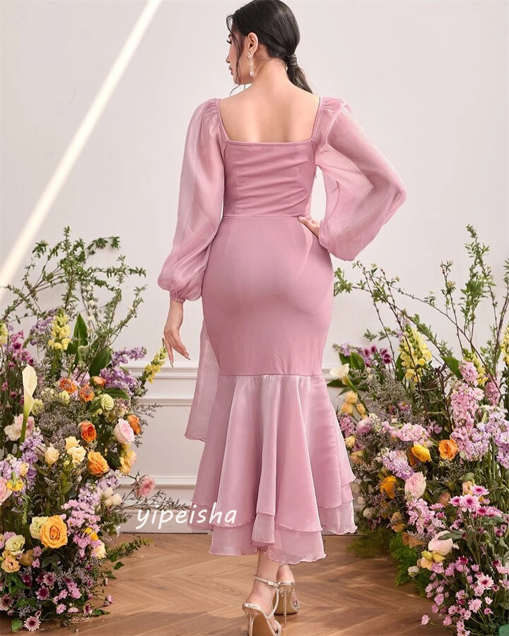 Jiayigong  Satin Tiered Pleat Birthday Mermaid Square Collar Bespoke Occasion  Ankle-Length