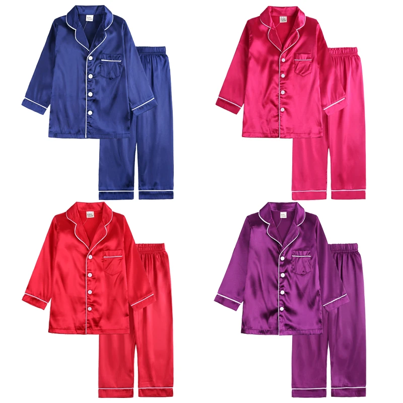 Autumn New Satin Pyjamas Kids Sets Boys Girls Solid Silk Children's Pajamas Clothes Lounge Pjs Christmas Clothing 2Pcs  123
