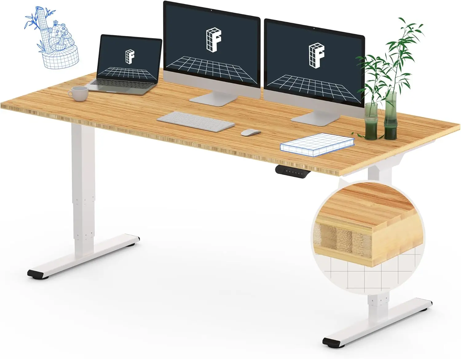 3 Stages Dual Motor Bamboo 60x30 Inch Electric Standing Desk Whole-Piece Board Adjustable Height Desk