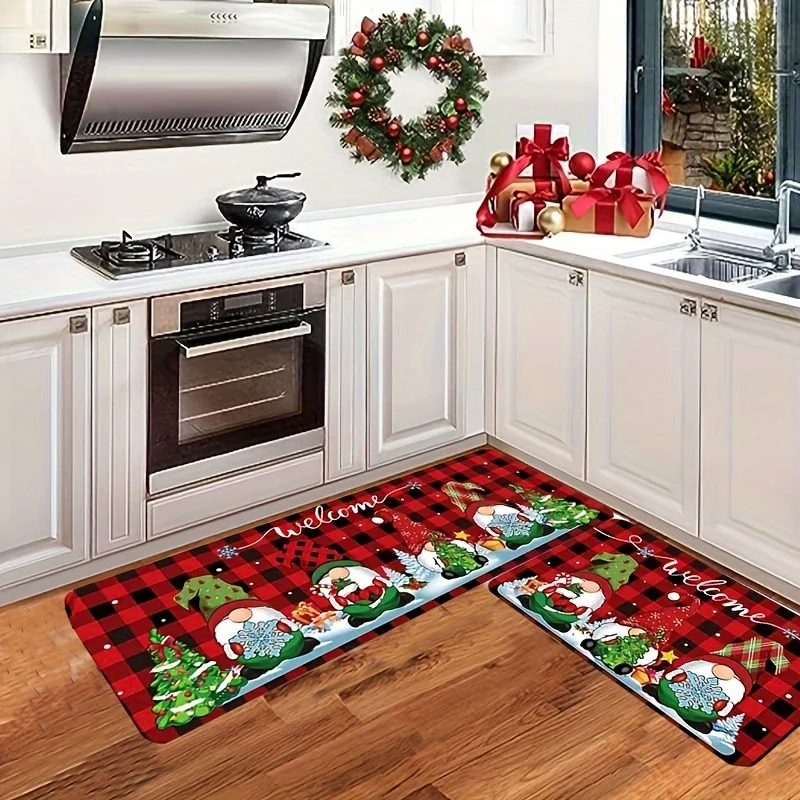 

2pc VIKAMA Christmas Dwarf Snowland Cartoon Carpet Home Decor, Water-Absorbent And Durable, Kitchen And Bathroom Floor Mat Set
