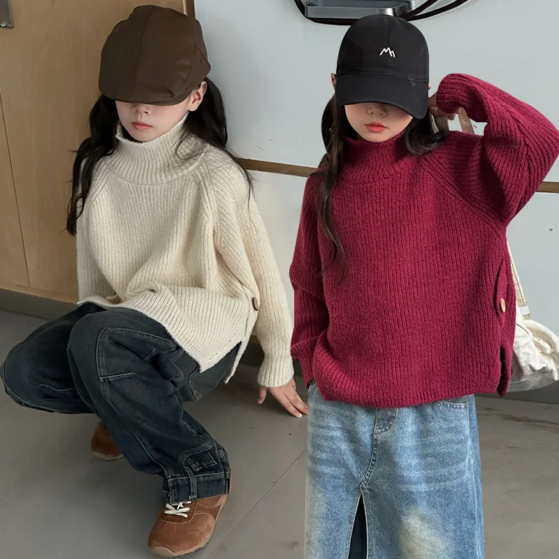 

Girls Autumn and Winter Sweater 2024 New Little Girl Loose Everything Simple Side Button Knit Base Shirt Top Sweater Clothes