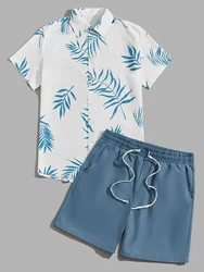 Summer Fashion Men's Shirtwear Elegant Leaf Print Short Sleeve Lapel Short Sleeve Shirt Drawstring Shorts Hawaii Two Piece Set