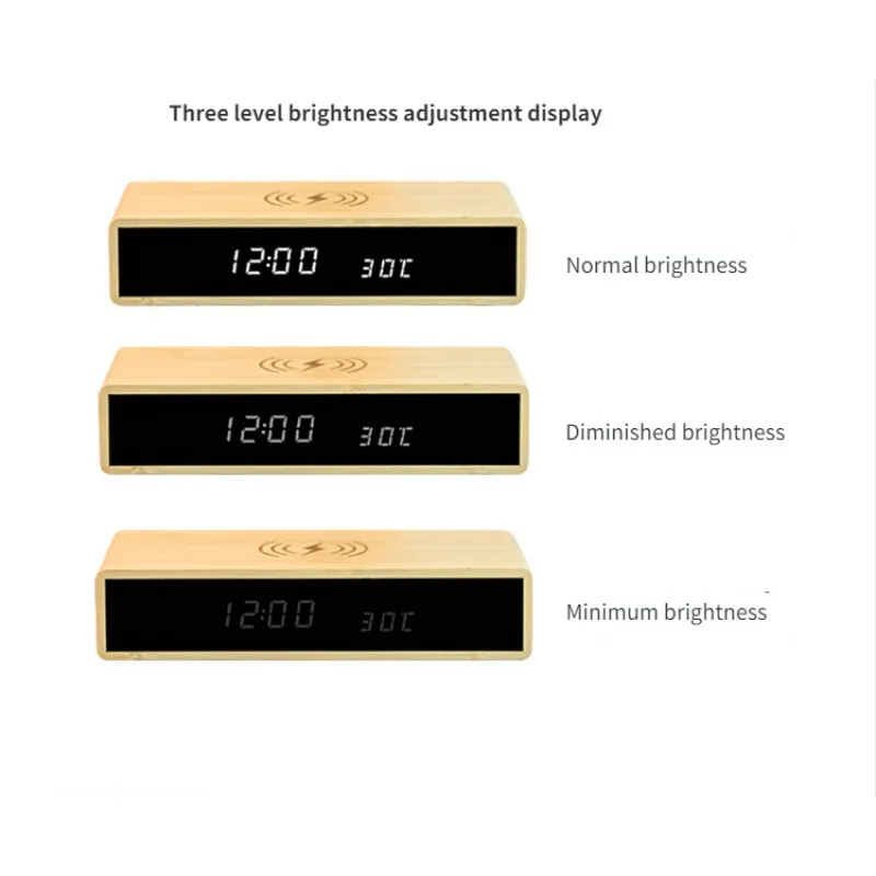 Bamboo 10W Wireless Charging Alarm Clock Desktop LED Digital Clock Time Temperature Date Display Voice Control Noctilucent