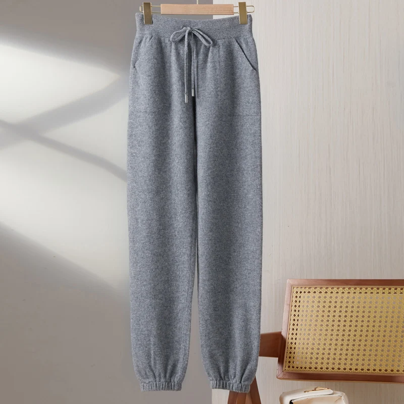 100% merino wool women's knitted trousers, popular, fashionable, warm, pocket, small leg pants 2024 autumn and winter new style