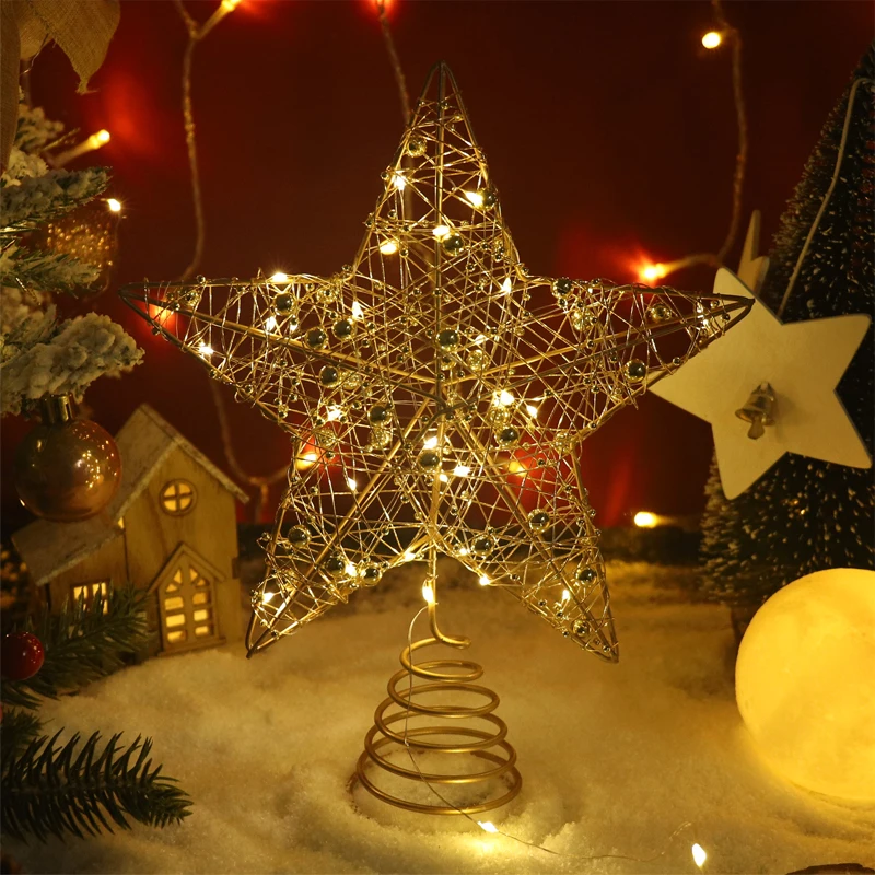 Christmas Tree Topper LED Light Star With Pearl Wire Christmas DIY Decorations For Home Xmas Tree Ornaments 2025 New Year Gift