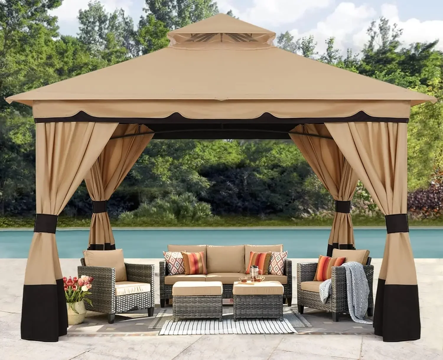 

10'x10' Outdoor Gazebo, Double Roof Patio Gazebo with Shade Curtains, Beige