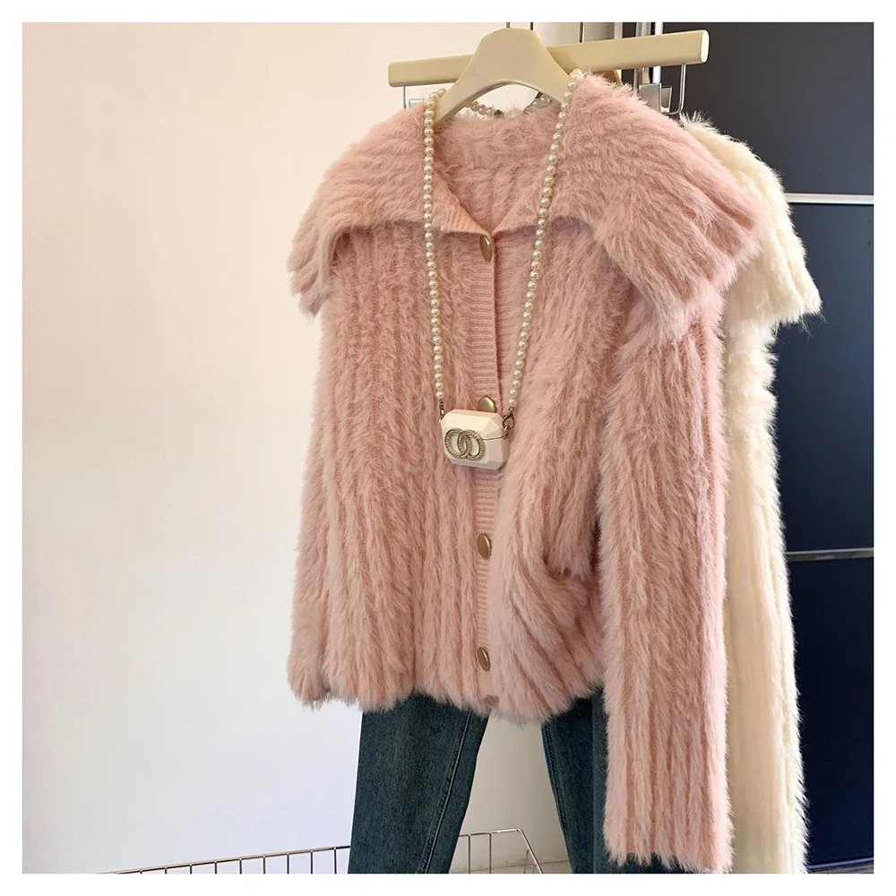 Mink coat, doll fur, lazy sweater, thick knit, autumn and winter new cardigan top, worn outside knitted cardigan 2