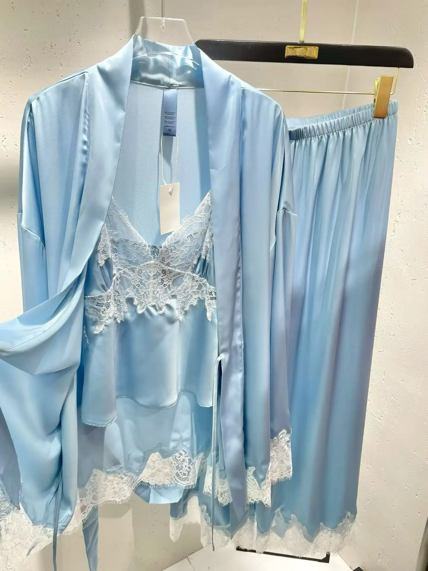 Women's 3 Pcs Silk Satin Pajama Set Lace Trim Cami Top Long Sleeve Robe Long Pants Nightwear Sexy Sleepwear 3 Pieces Lounge Wear
