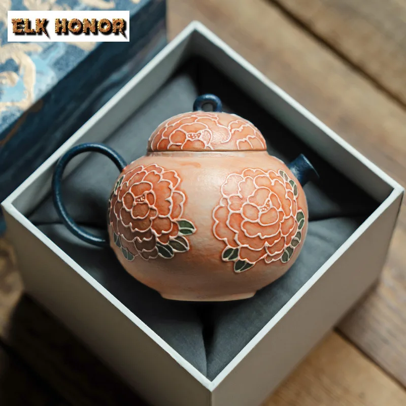 

145ml Relief Carving Peony Teapot Luxury Tea Infuser Pot Tea Soaking Kettle With Ball Hole Teaware Supplies Gift With Tea Cup