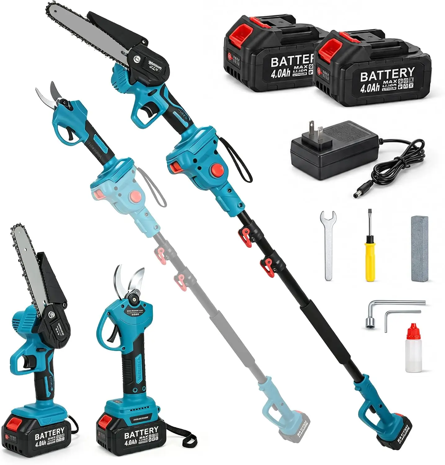 4-in-1 Cordless Pole Saw and Pruning Shears, Full-Size 6-Inch 21V Brushless Electric Tree Trimmer with 15FT Reach