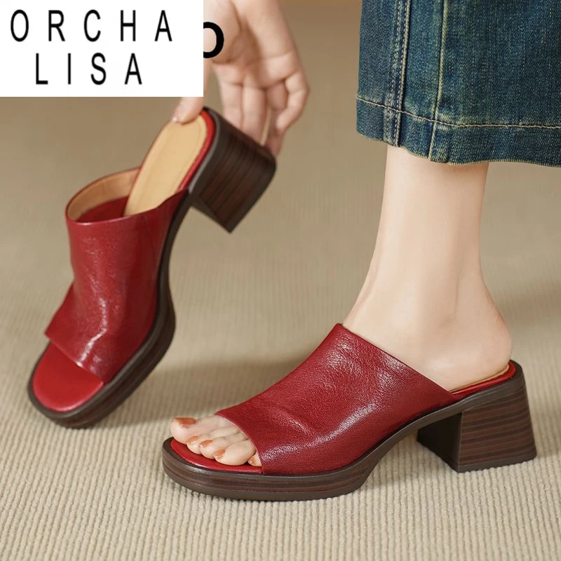 

ORCHA LISA Роскошные женские босоножки из овчины с открытым носком на блочном каблуке 6 см без шнуровки Мюли из натуральной кожи Мягкая повседневная женская обувь для отдыха