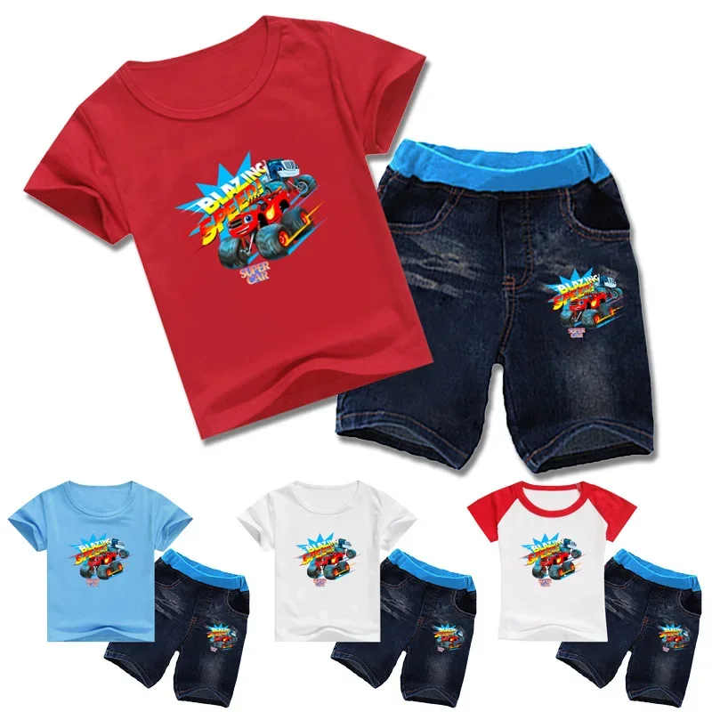 Summer Baby Boy Clothes Set Cartoon Blazing Speed Cars Monster Machines Children Girl Short Sleeve T Shirt+Jean Shorts 2PCS Suit