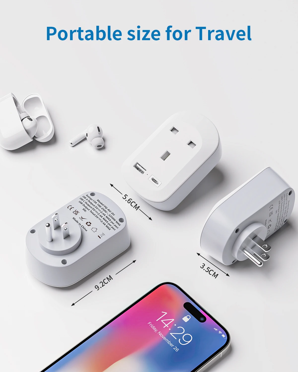 Multifunctional Travel Power Adapter, Suitable for Use When Traveling/Business Trips to Countries Such as Saudi Arabia/Uk, and Traveling/Business Trips to Countries Such as Japan, the United States, the Philippines, Canada, Mexico, China, Thailand, Peru, Etc., Features 1 Type g Power Output Port, 1 Usb-A Output Port, 1 Usb-C Output Port, Made of Fire-Resistant Material, and Supports Simultaneous Use of Multiple Devices