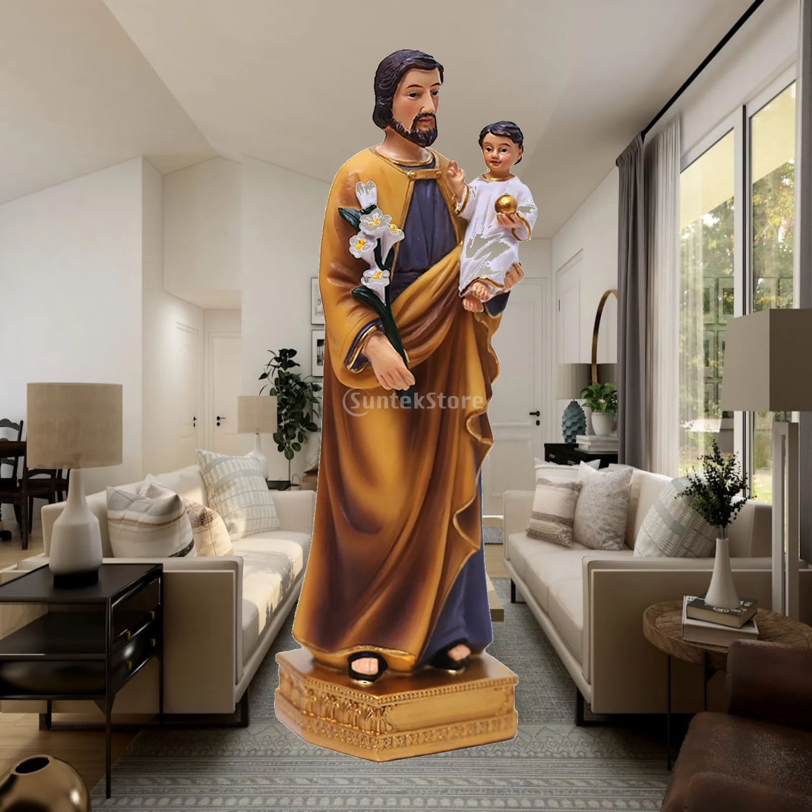 St Joseph Holding Jesus Figurine Resin Antique Style Statue for Catholic Home Decor Christmas Easter Ornament Collection
