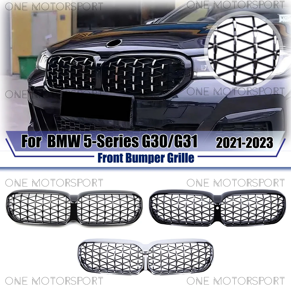

Glossy Black Diamonds Style Front Bumper Grille Chrome Silver For BMW 5-Series G30 G31 2021-2023 Racing Grille Bumper