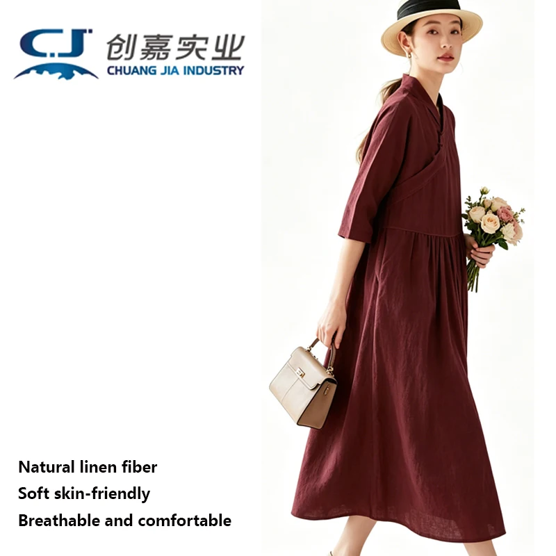 Pure Linen Women's Seven-point Sleeve Dress Black Chinese Retro Temperament Elegant Literary Style Dress Holiday Casual Clothing