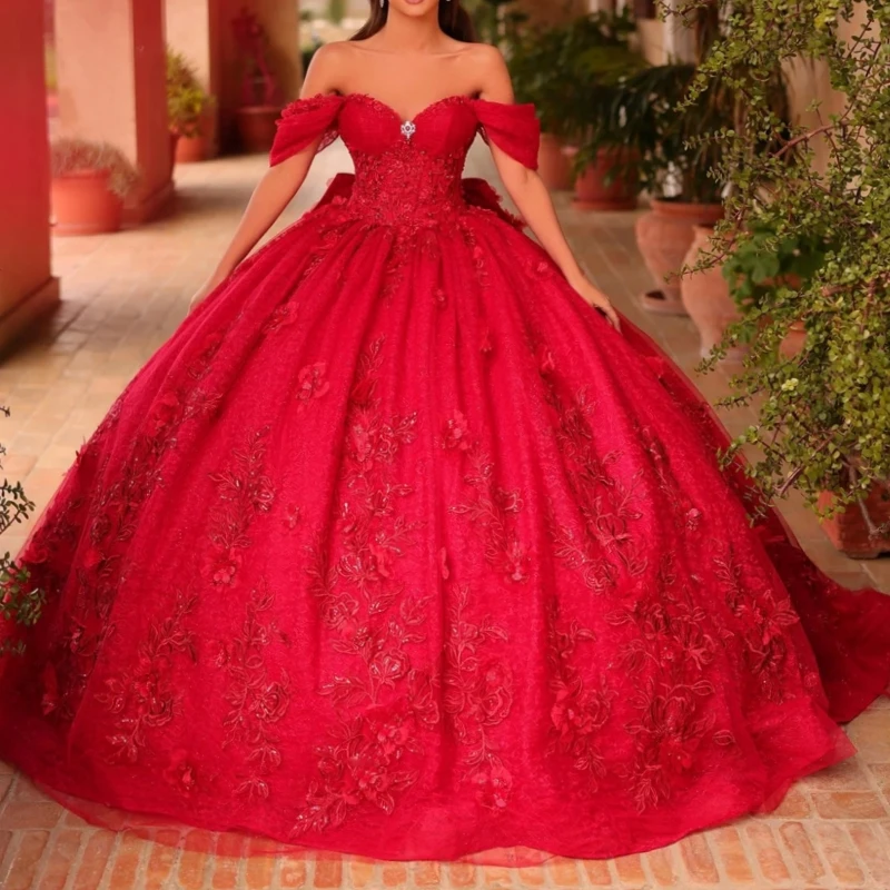 

Red Quinceanera Dresses Ball Gown Off The Shoulder Applique Lace Beads Tull Corset Party Birthday Sweet 16 Dress Vestidos 15