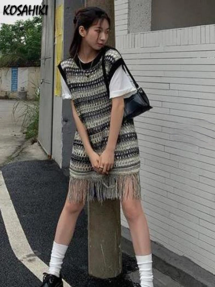 KOSAHIKI Thin Knitted Hollow Out Tank Top Women Striped Long Tassel Sleeveless Vest Y2k Aesthetic Korean Fashion Outwear Vests