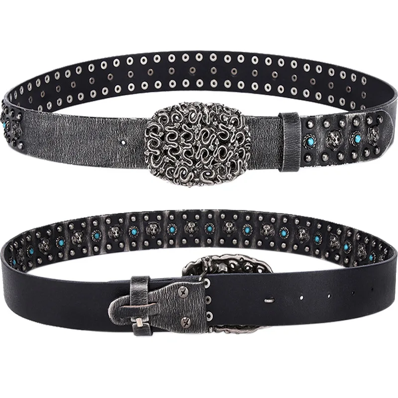 3.8cm Retro Heavy Metal Rivets Men's Belt Harley Locomotive Rock Punk Style Personality Belt Thick Genuine Leather Jeans Belt