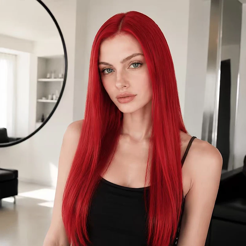Women’s bright red, 28-inch, straight, centre-parted synthetic wig, for dressing up and parties