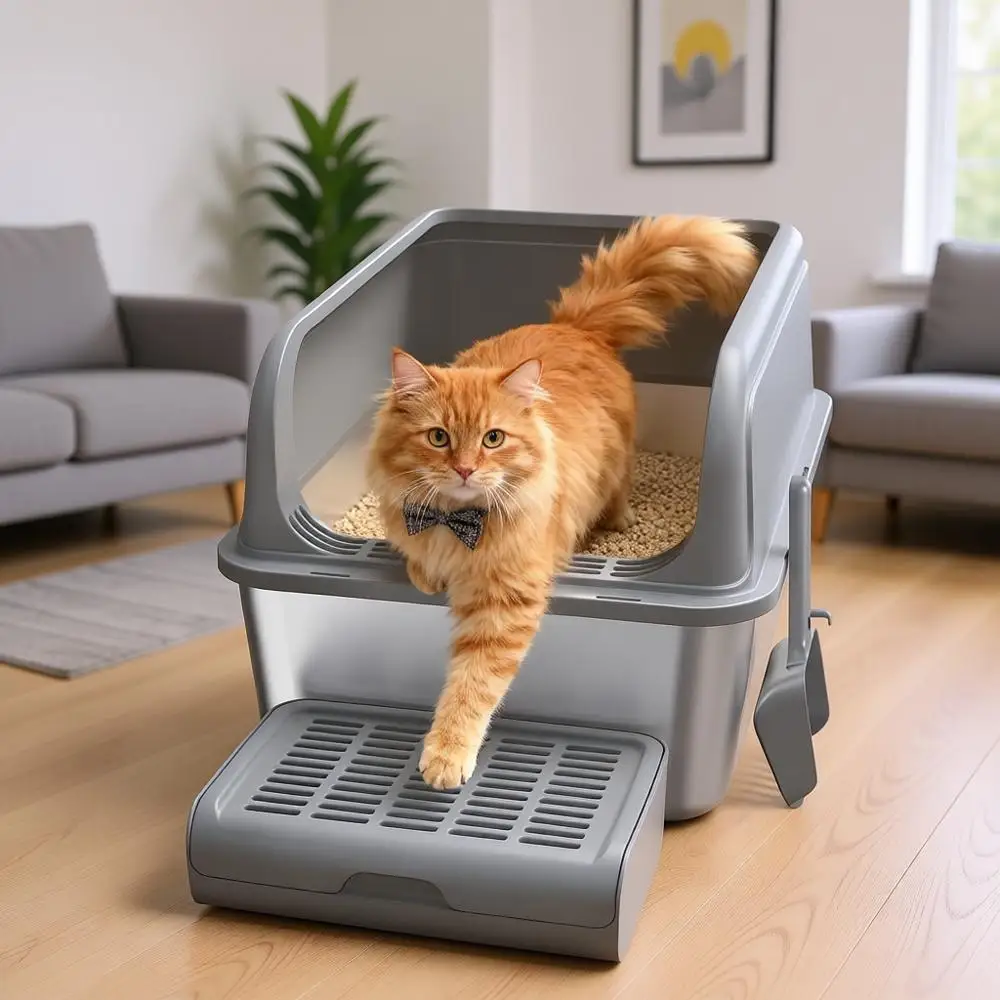 

Stainless Steel Litter Box with Scatter-Free Elevated Step Board for Cats, Robust & Non-Sticky Metal Cat Box with Scoop, Grey