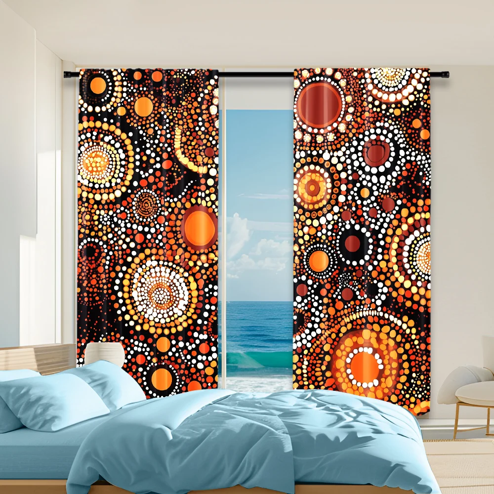 2Pcs Bohemian Aboriginal Circle Pattern Window Curtains Rod Pocket Polyester Material Drapes For Bedroom Living Room Office