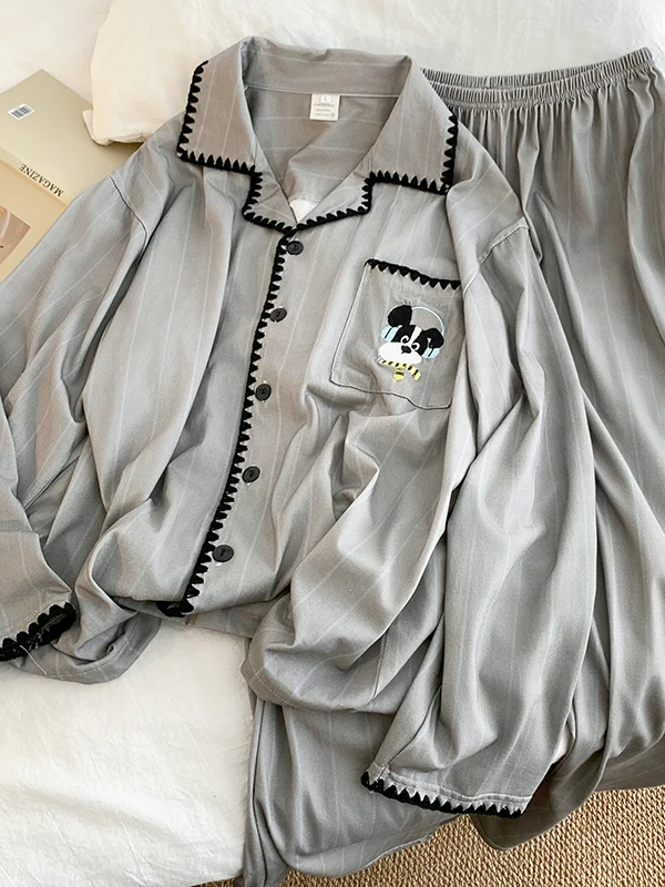 

Весенний комплект пижам для пар с мультяшным принтом собаки и полосками, из чистого хлопка, с длинными рукавами, можно носить на улице, домашняя одежда для мужчин и женщин