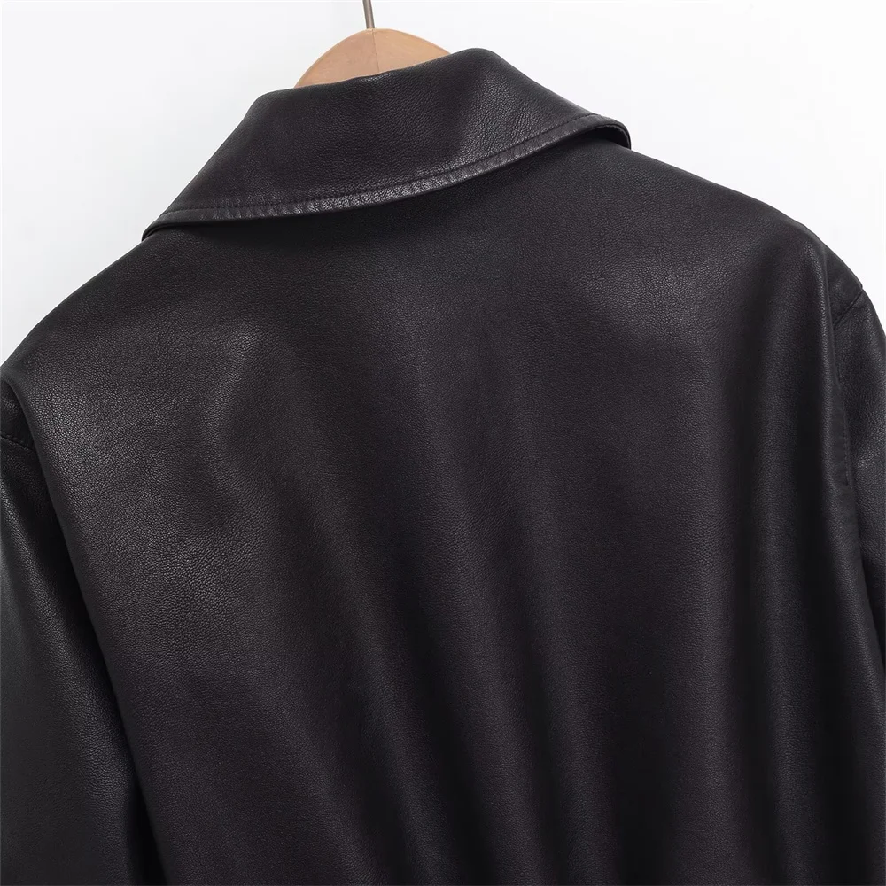 Autumn New Product: Women's Casual Flip Collar, Long Sleeves with Snap Buckle, Pocket Imitation Leather Jacket, Jacket