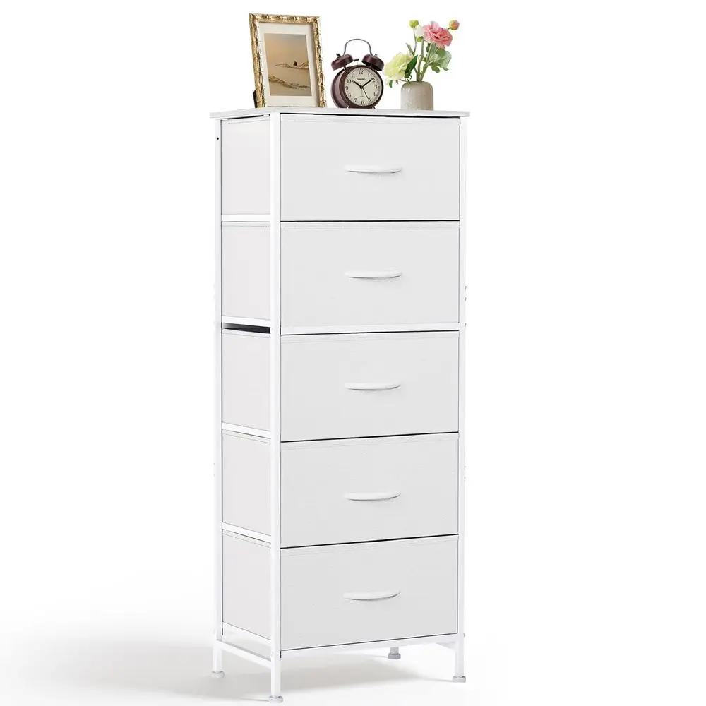 

Прикроватная тумба-комод с 5 ящиками, деревянной столешницей, стальным каркасом и тканевыми корзинами для спальни, гардеробной, прихожей, общежития, гостиной