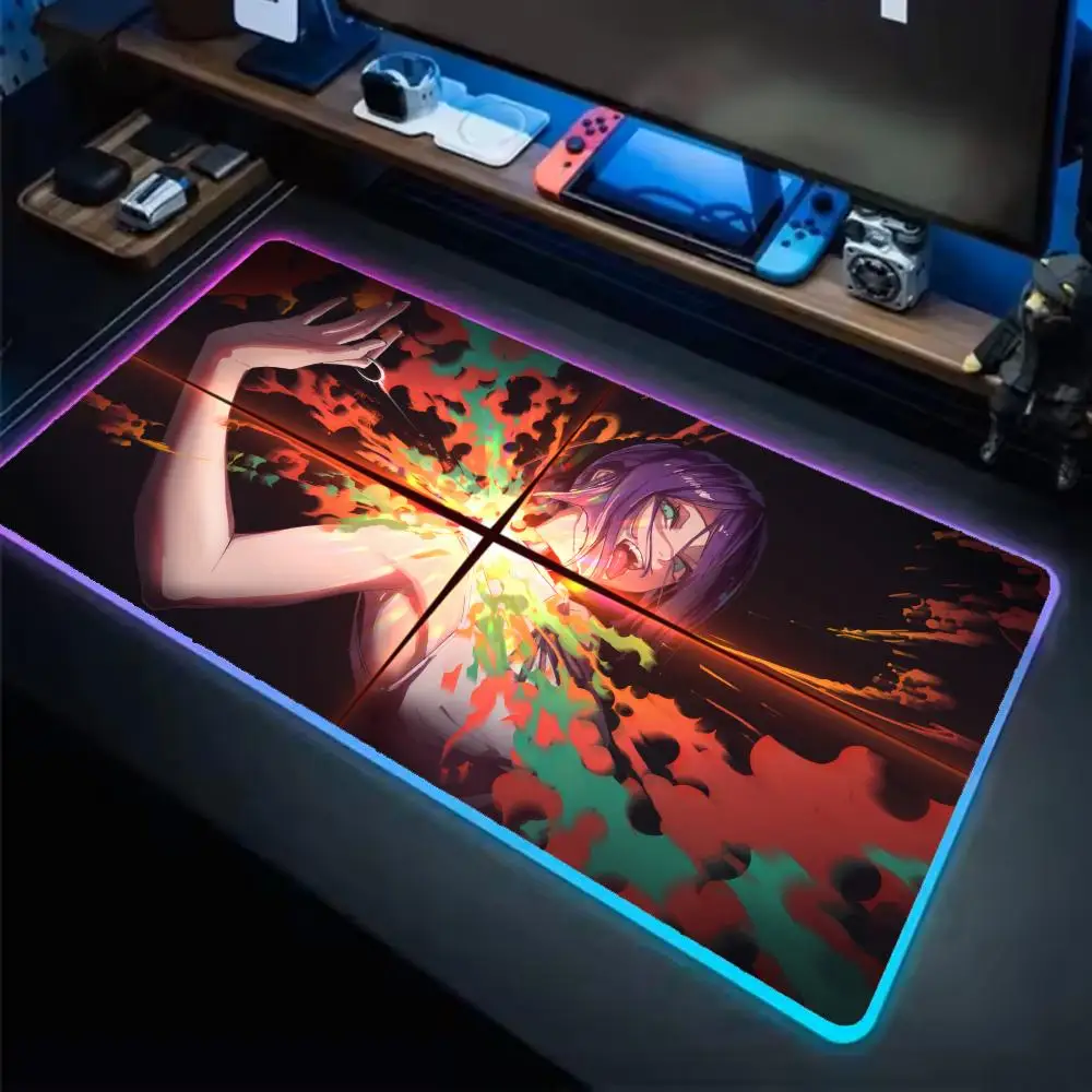 

Коврик для мыши REZE, игровой коврик для мыши в стиле аниме, светодиодные настольные коврики с подсветкой, резиновые настольные коврики XXL RGB