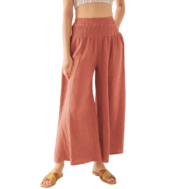 Johnature Summer Women Wide Leg Loose Pants 2024 New Casual Simple Elastic Waist Solid Color Ankle-lengt Female Pants