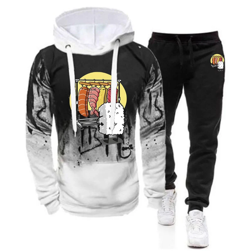 Uomo 2025 Primavera e Autunno Divertente Armadio Sushi Logo Stampa Stile semplice Sfumatura di colore Con coulisse Felpe con cappuccio Pantaloni Tute